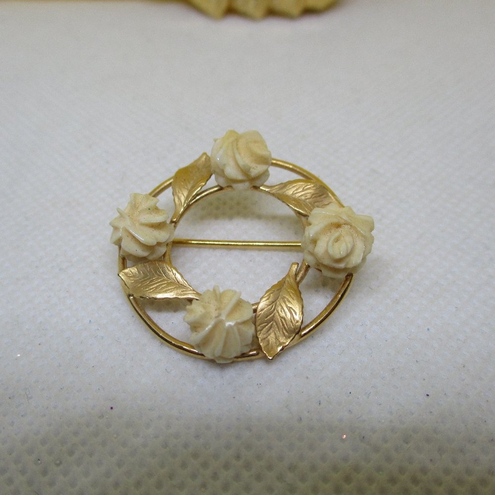 C. R. Co. Charles Reis 12K GF Carved Bone Rose Brooch